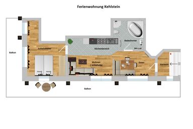 Untergrünsteinlehen - Ferienwohnung Kehlstein, 55 qm, 1-2 Personen, 1 separates Schlafzimmer, Wohn- Esszimmer, Bad, Balkon